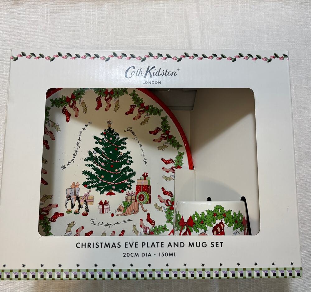Cath Kidston Christmas Eve Plate Mug Set Tree Stockings Penguin Cat Boxed